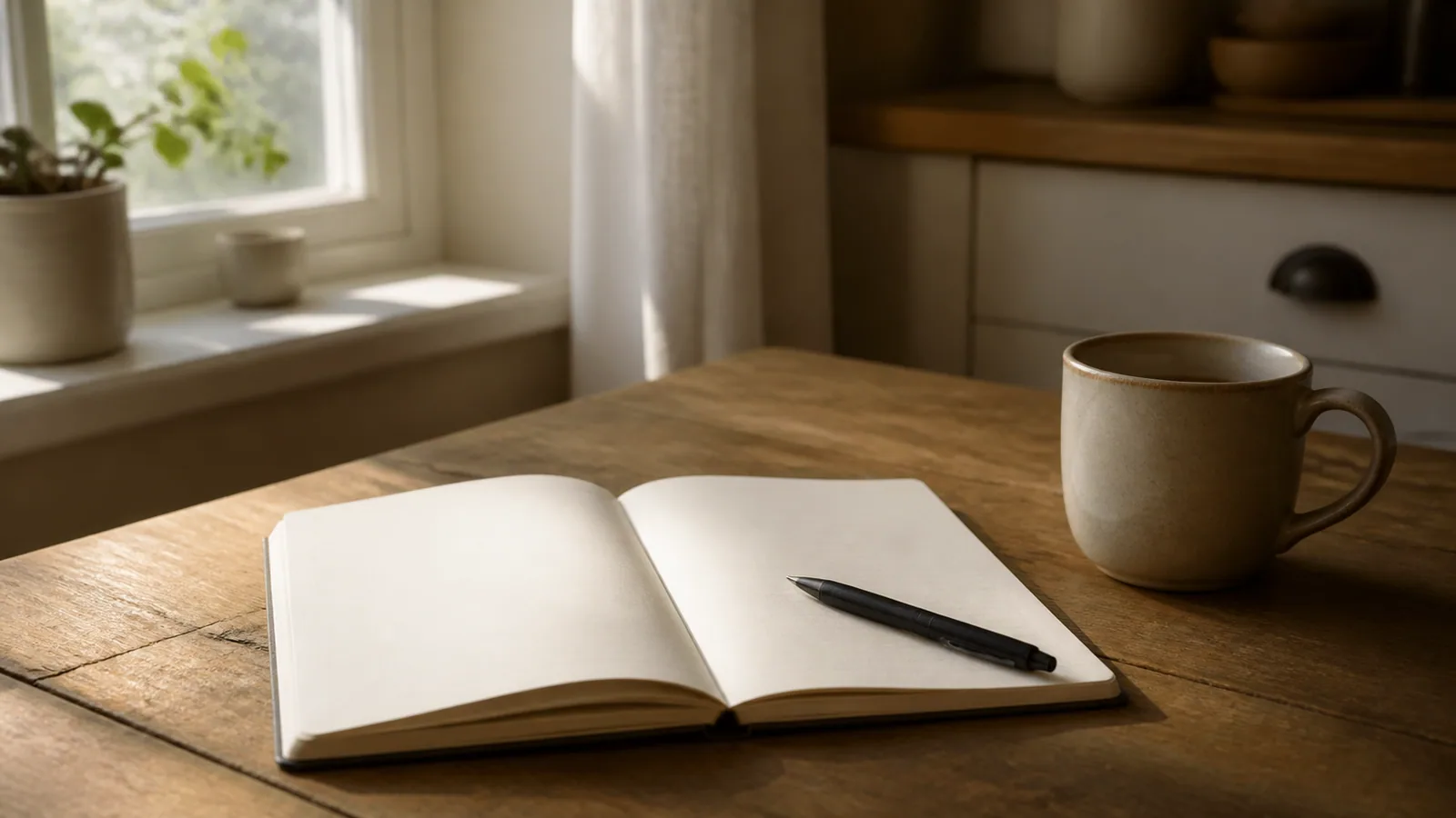 A calm morning table with a blank notebook, a pen, and daylight near a window.