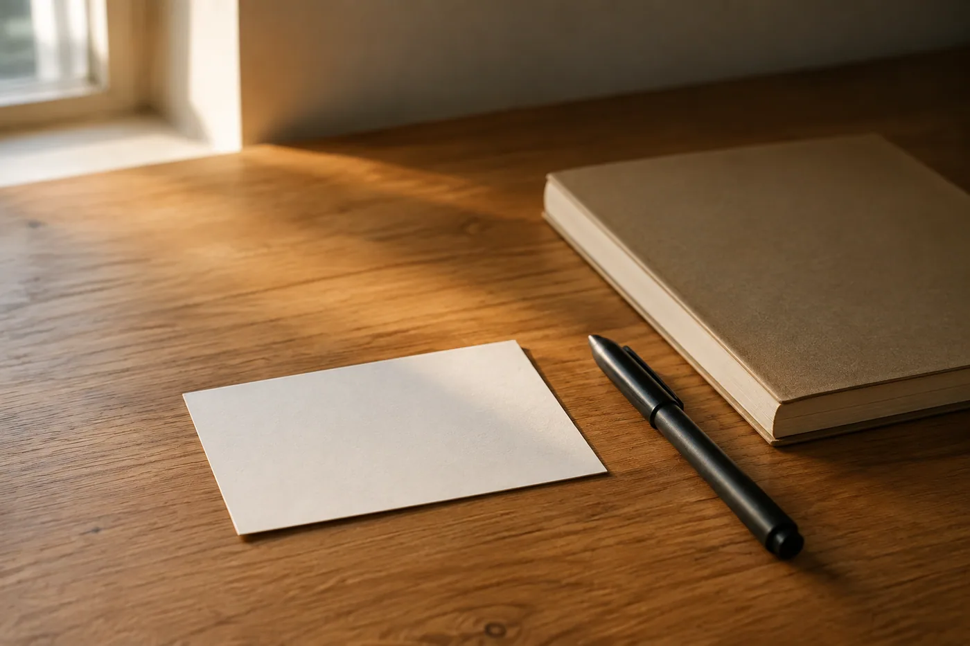 A blank index card and pen beside a closed notebook in late afternoon light.