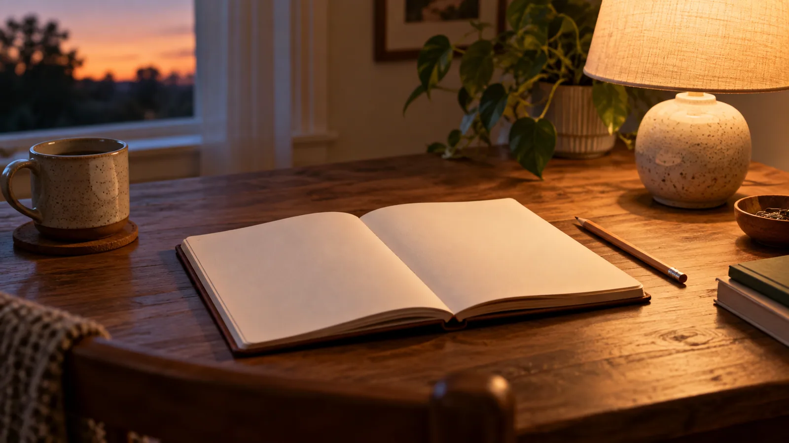 An open blank journal and pencil on a table beside a shaded lamp at dusk.