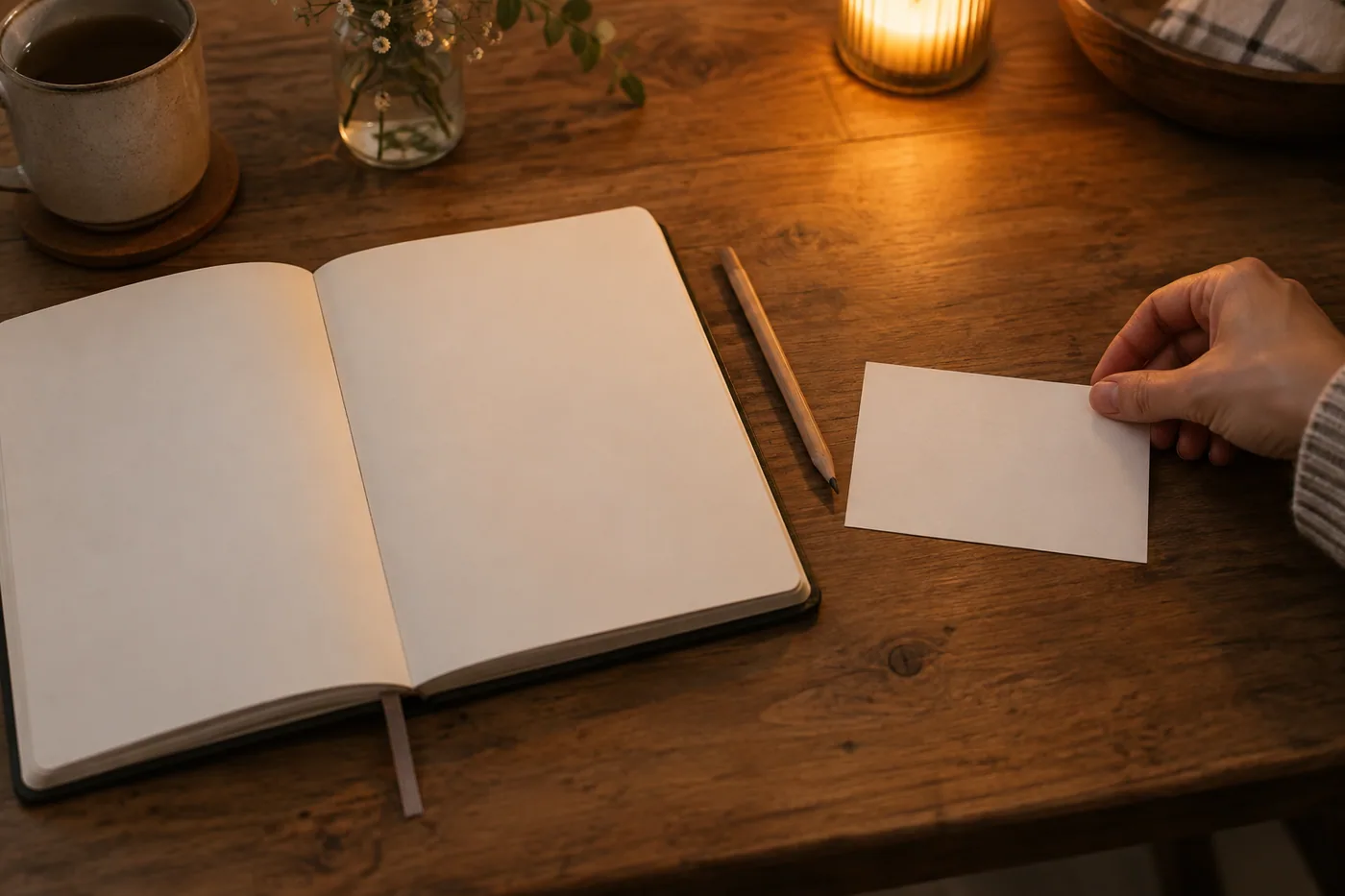 A hand sets a blank card beside an open journal and pencil in warm evening light.