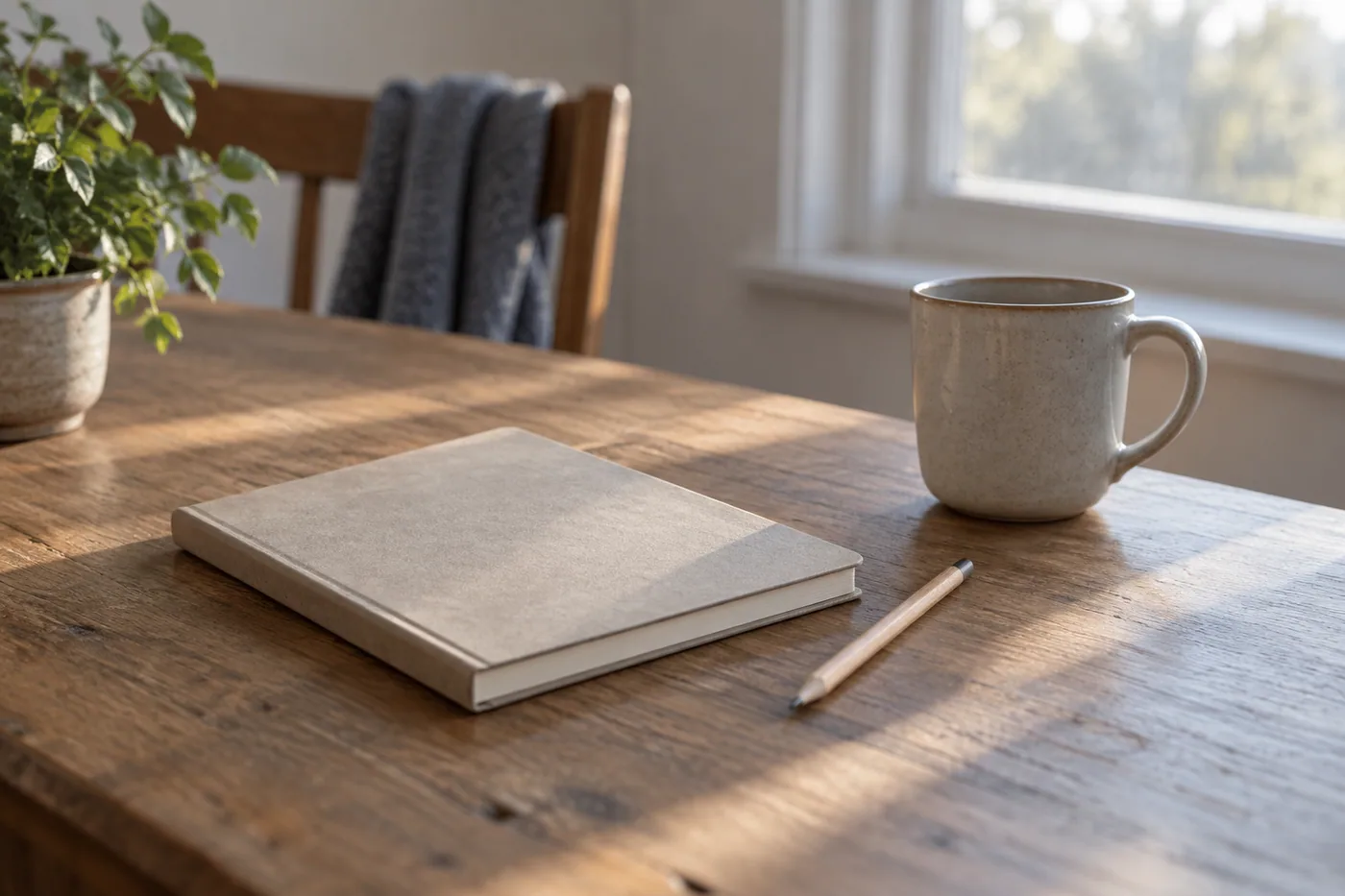 A closed blank notebook, pencil, and unmarked cup on a table in early morning light.