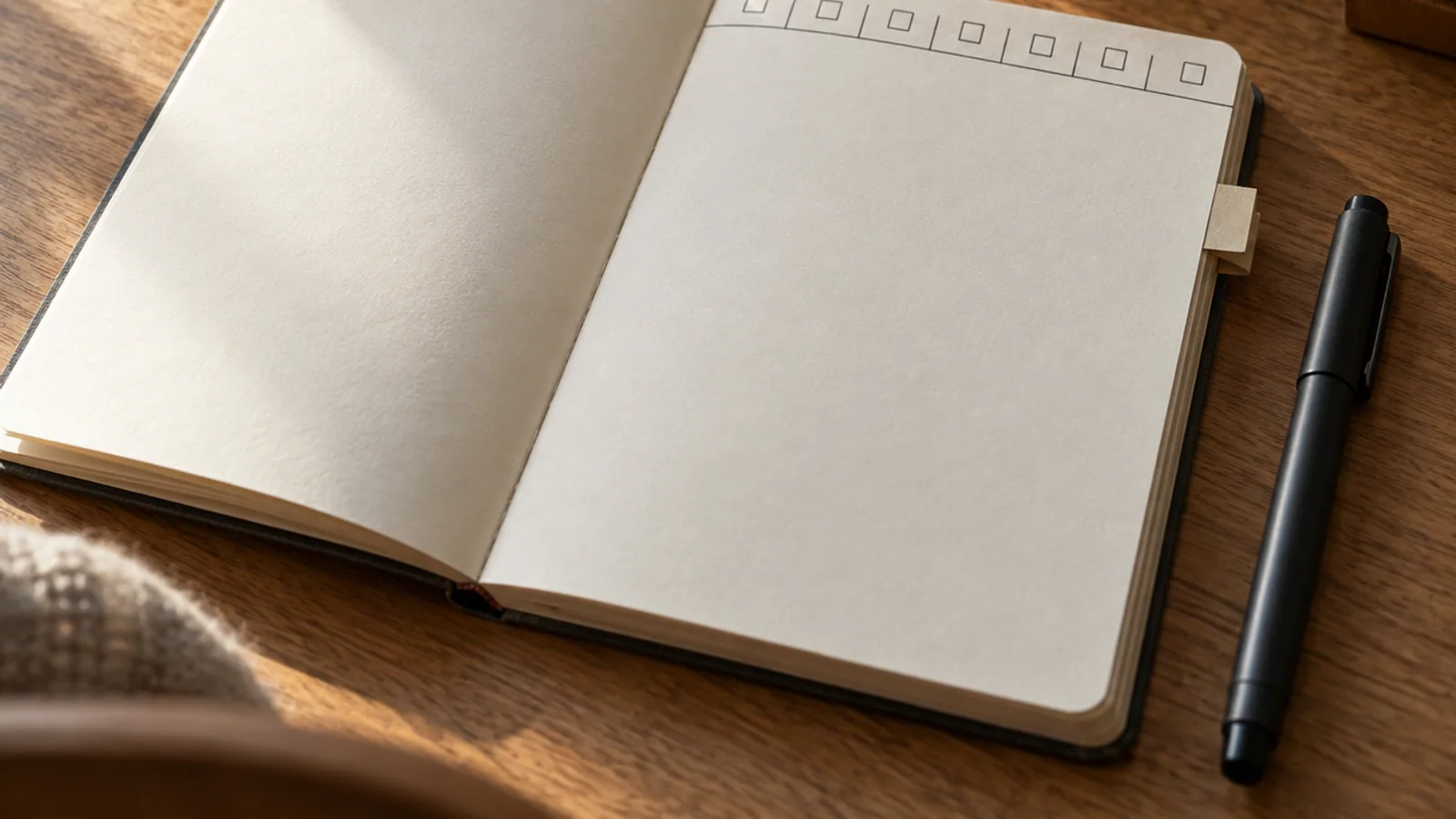 An open paper notebook on a wooden desk with a hand-drawn ruled index of blank lines and page-number boxes, and a dark pen resting beside it.