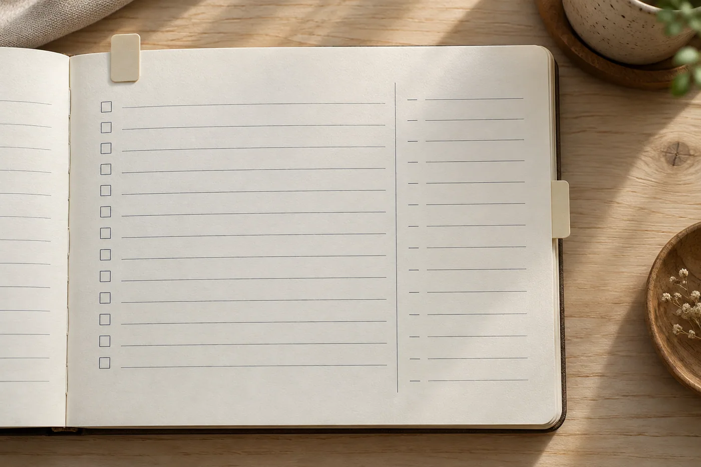 An overhead view of an open notebook page showing a blank hand-drawn index of ruled lines and empty boxes, with two cream paper tabs at the page edges.