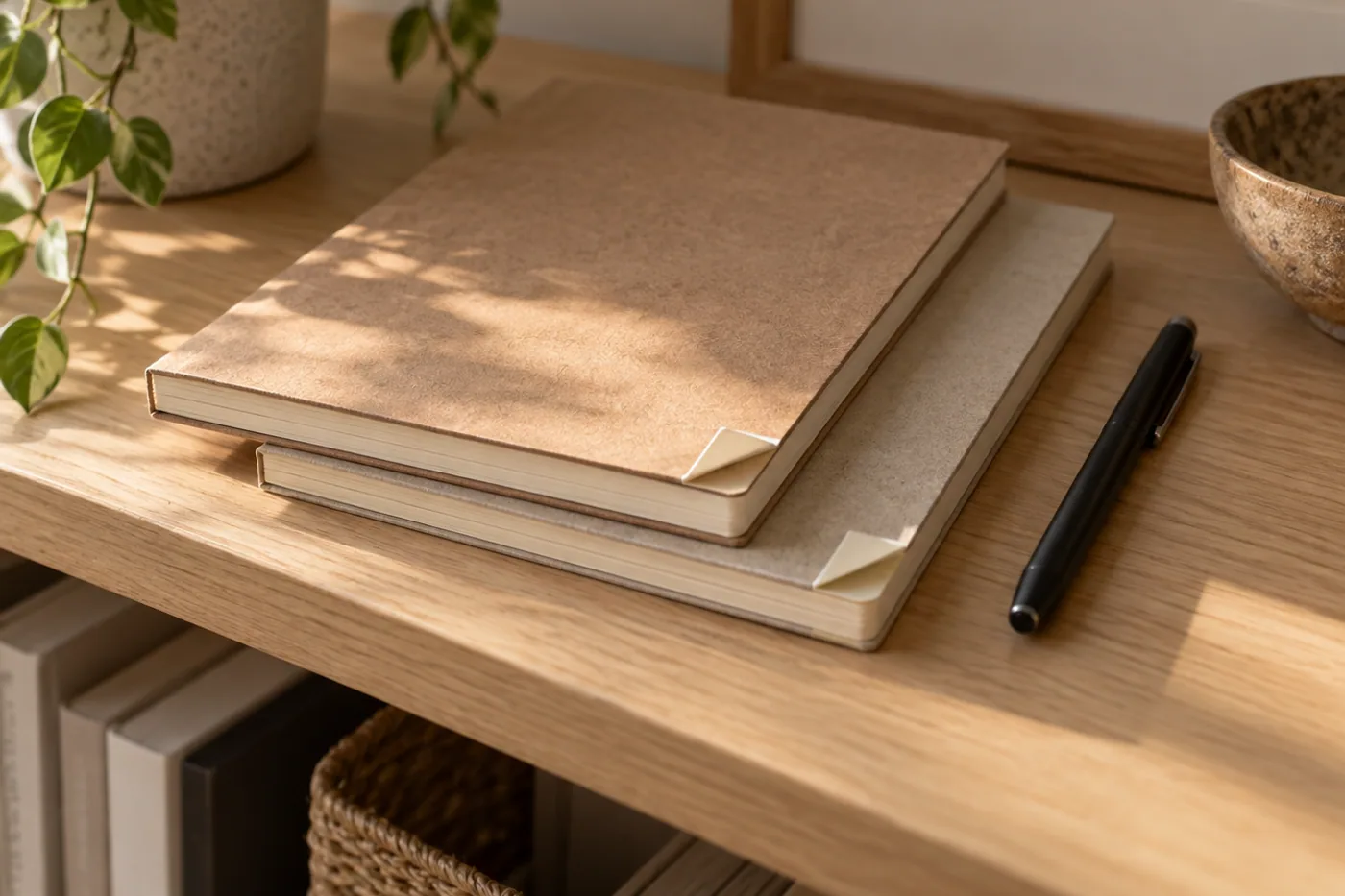 Two plain closed paper notebooks stacked on a light wooden shelf with small blank cream tabs turned up at the page edges and a slim dark pen alongside.