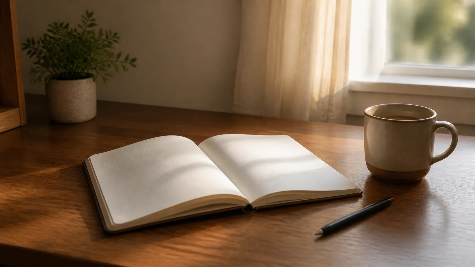A quiet desk before work with a notebook, a warm drink, and soft morning light.