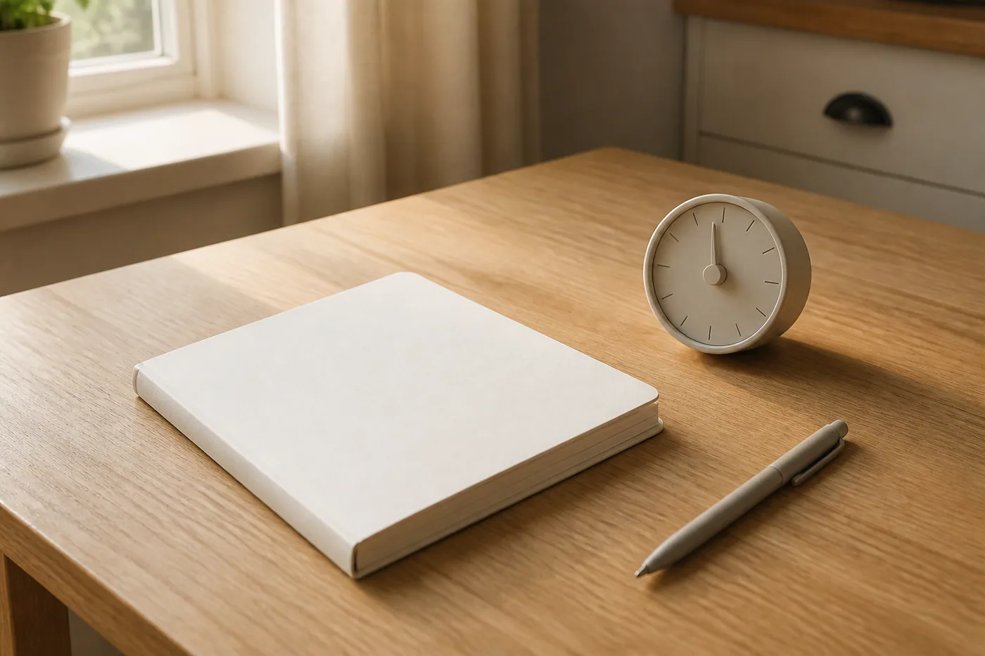 A blank notebook beside a simple kitchen timer, ready for a short quiet pause.