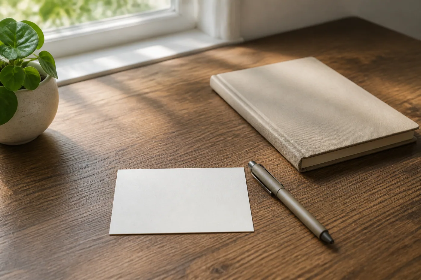 A pen and a blank task card resting beside a closed notebook in early daylight.