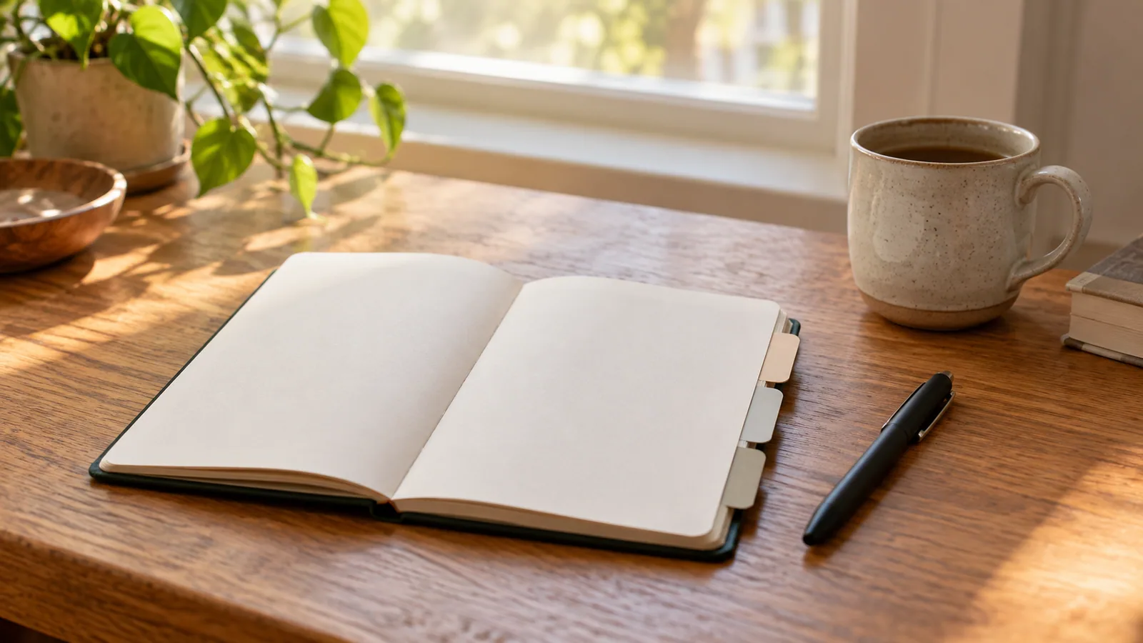 A small notebook with three blank divider tabs and a dark pen on a wooden table in warm daylight.