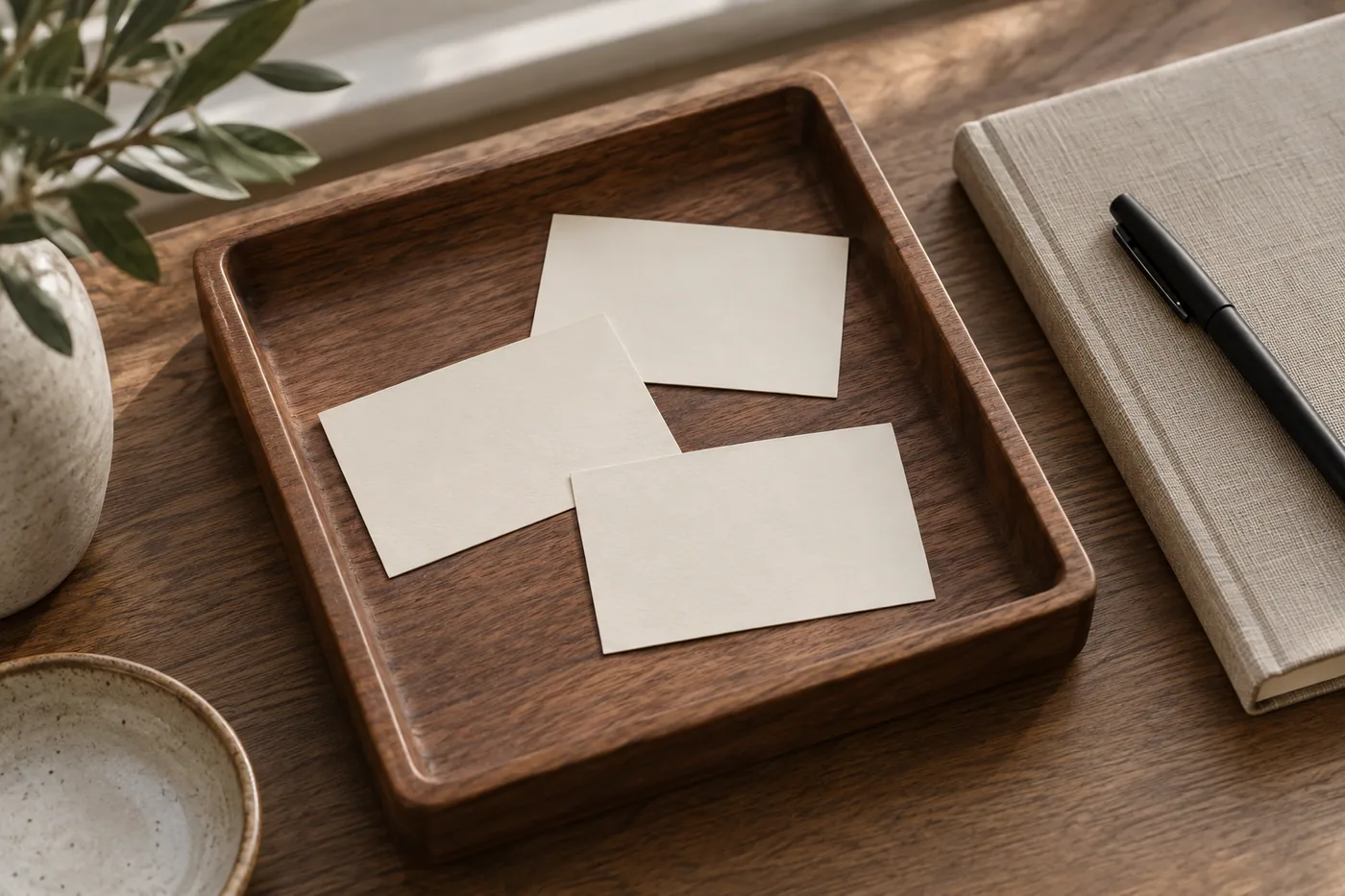 Three small blank index cards rest in a shallow wooden tray beside a closed notebook.