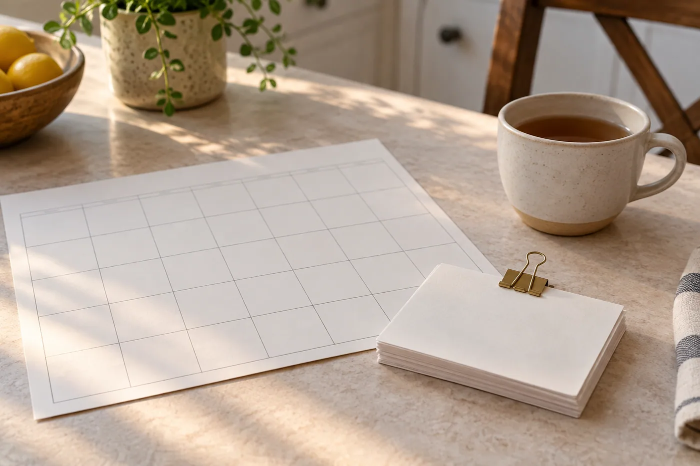 A simple paper calendar without readable dates lies beside a clipped stack of blank note cards.