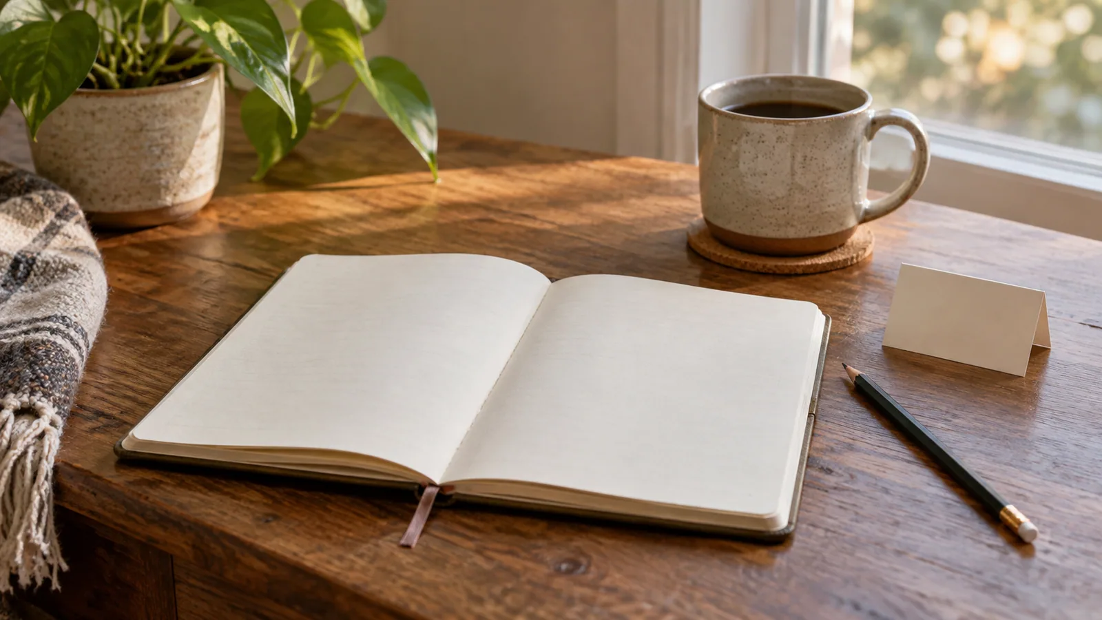 An open blank journal, a small blank card, and a pencil on a sunlit wooden table.