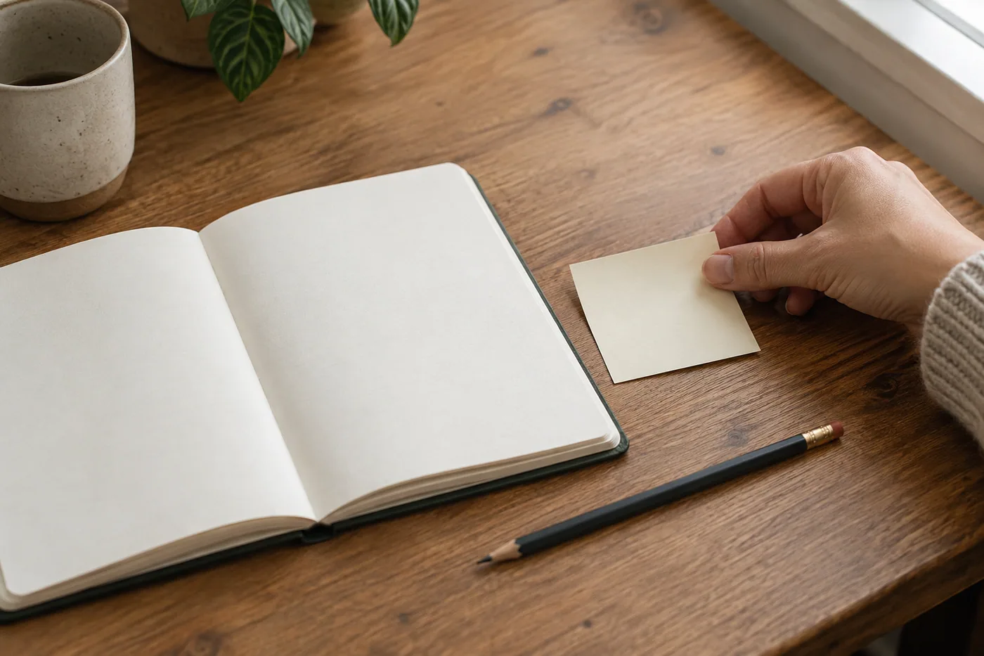 A hand places a blank dated note beside an open journal page in soft daylight.