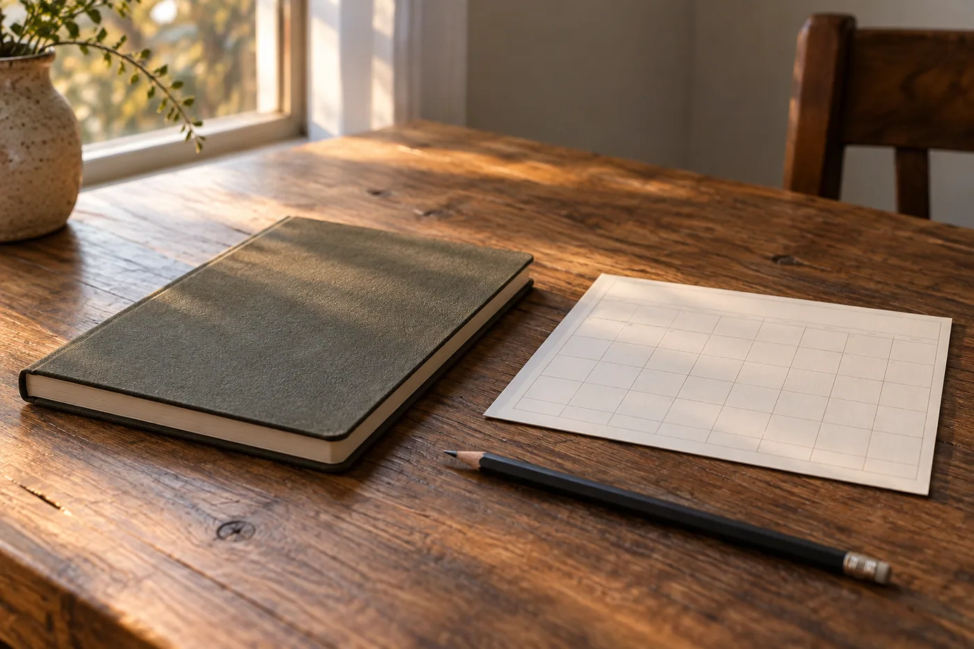 A closed notebook, an unmarked calendar grid sheet, and a pencil on a sunlit wooden table.
