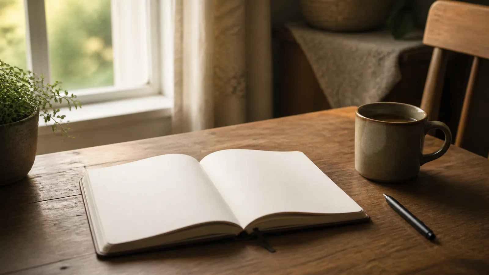 An open blank notebook, pen, and warm drink on a quiet wooden table in morning light