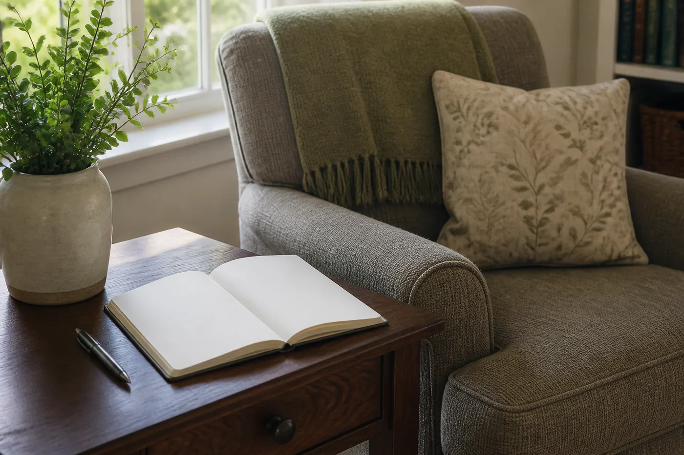 A blank notebook beside a pen on a small table near a comfortable chair