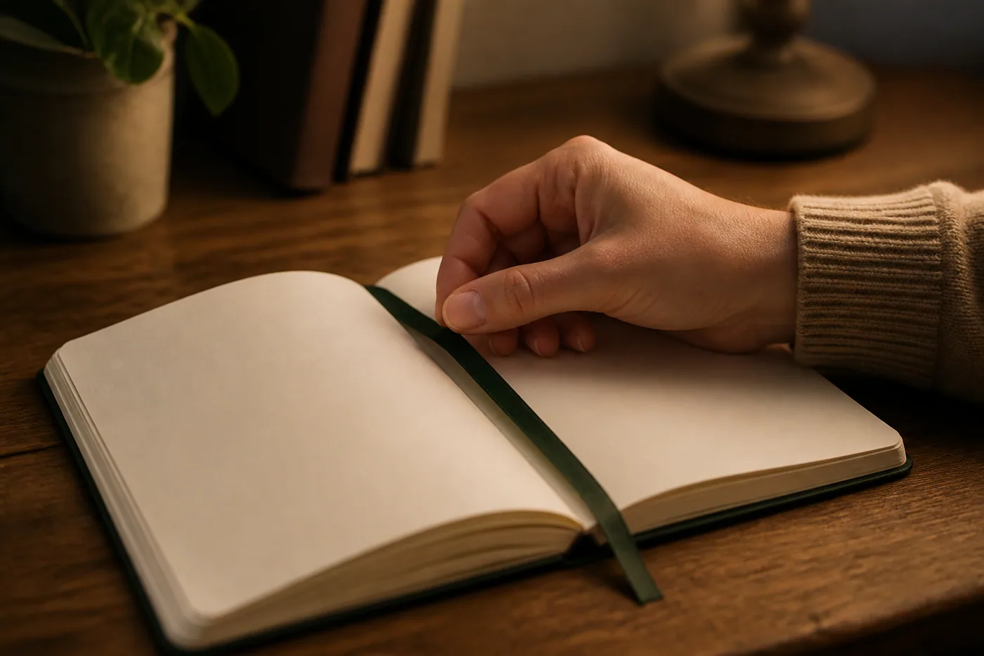A hand placing a simple bookmark in a blank notebook before closing it