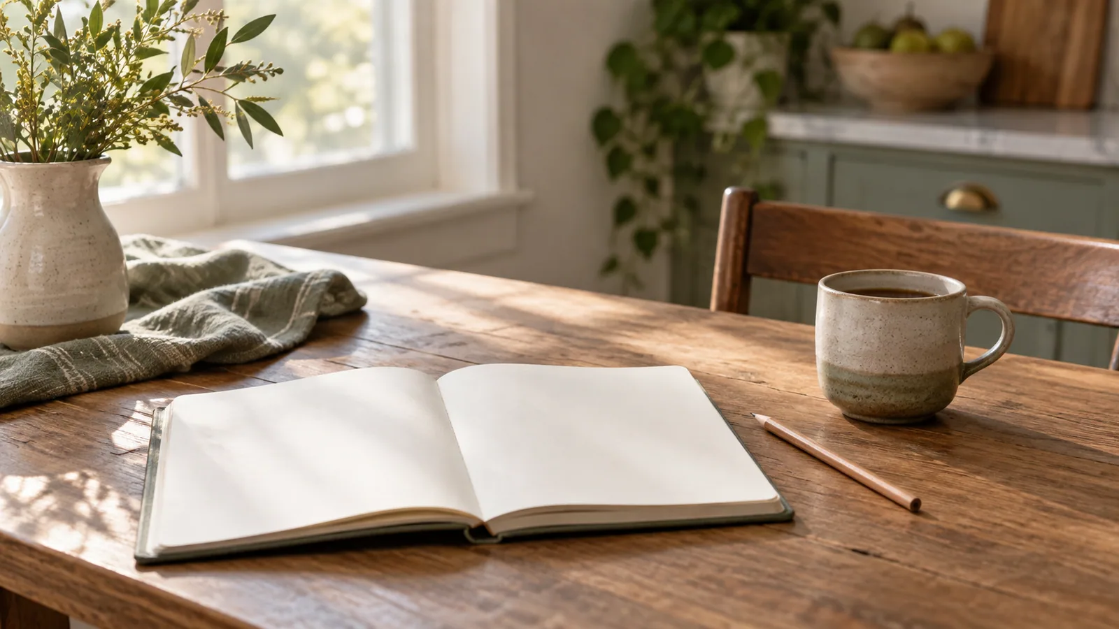 A blank notebook, pencil, and small cup on a quiet kitchen table in soft morning light.