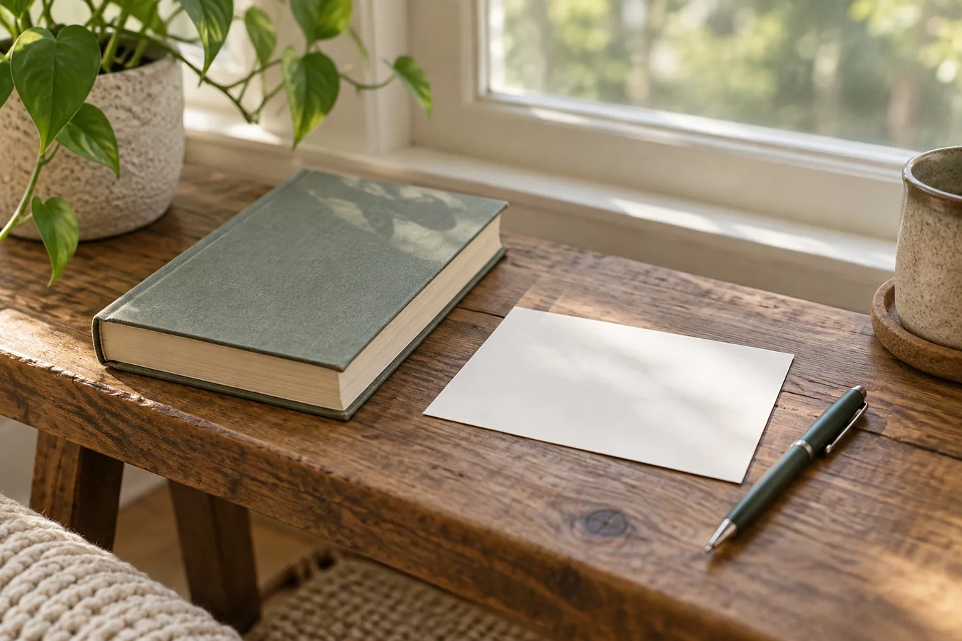 A closed book, blank note card, and pen on a wooden bench by a window.