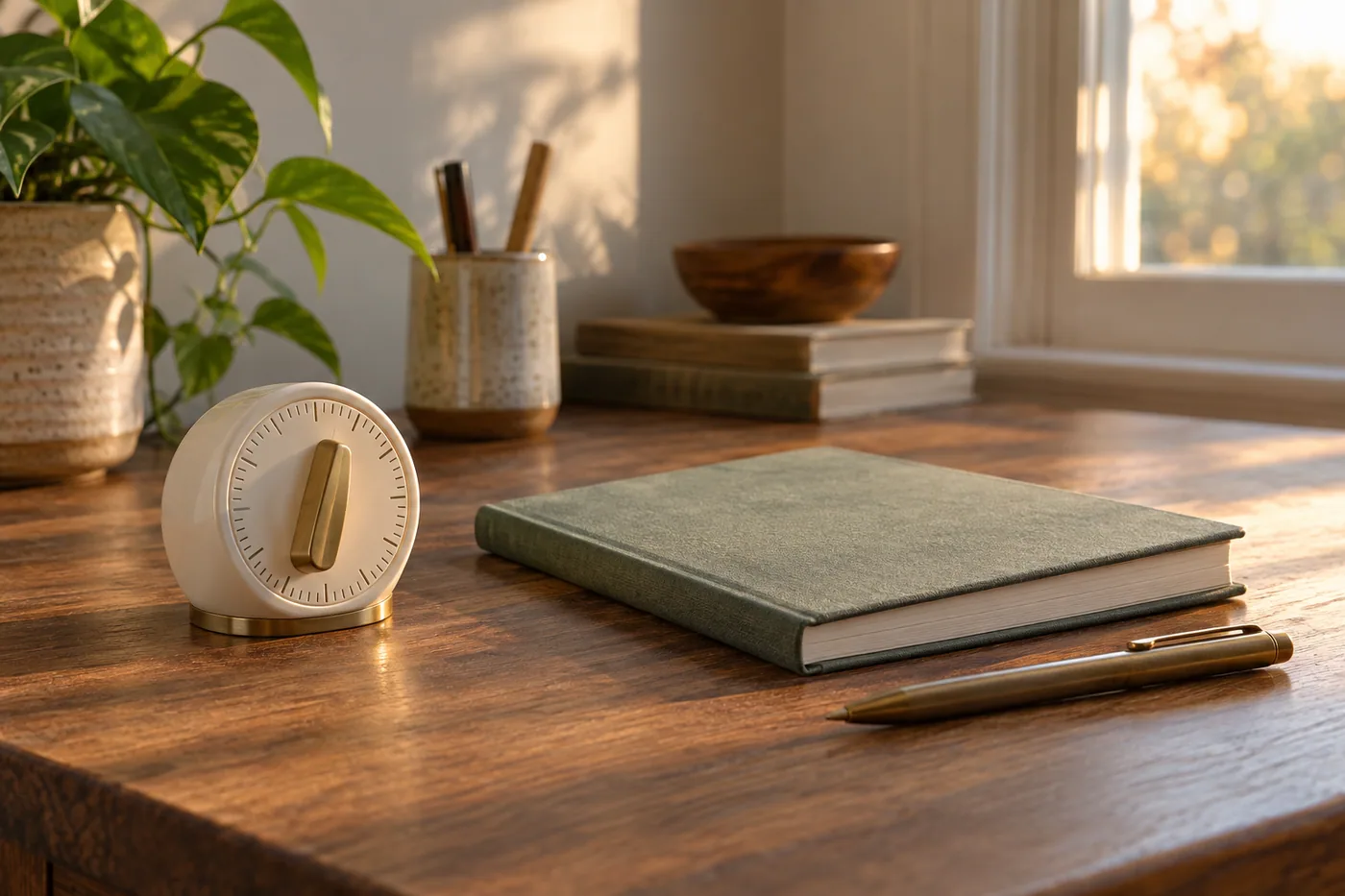 A simple kitchen timer beside a blank notebook and pen in late afternoon light.