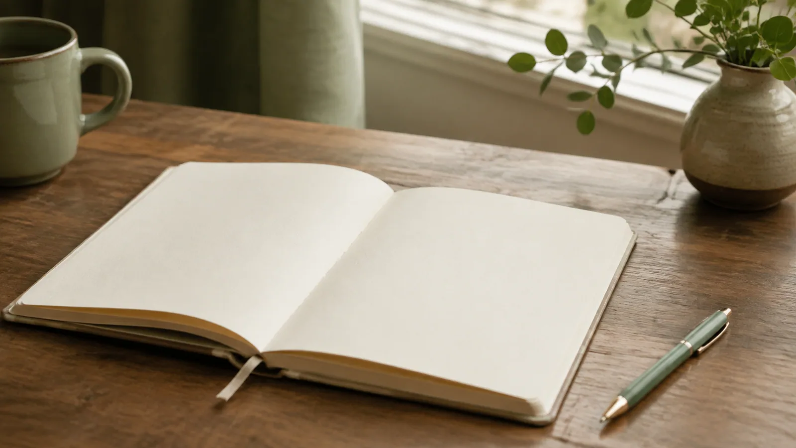 An open blank journal and pen on a calm wooden table in soft morning light