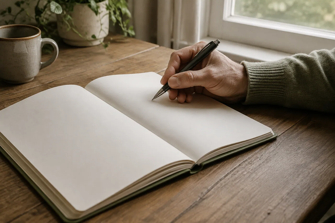 A hand resting a pen at the edge of an open blank journal page
