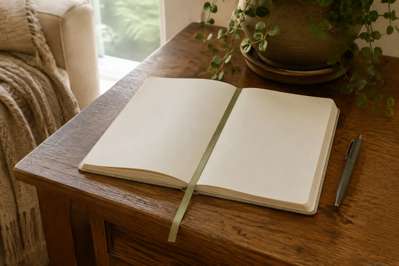 An open journal with a simple ribbon marker and dark pen beside it